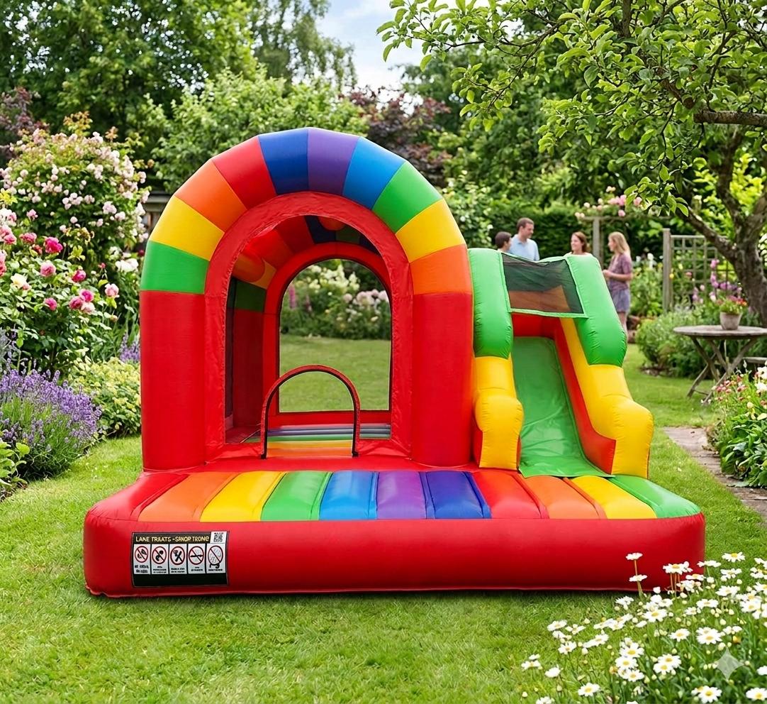 Castillo hinchable multicolor con tobogán para alquiler en Madrid